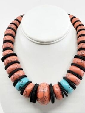 Peach & Turquoise Bead Statement Necklace - Unbranded